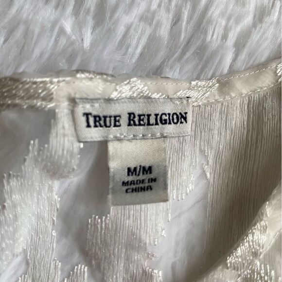 True Religion Lace Sheer Boxy Top White Keyhole Opening Lightweight Women Medium - Picture 6 of 7